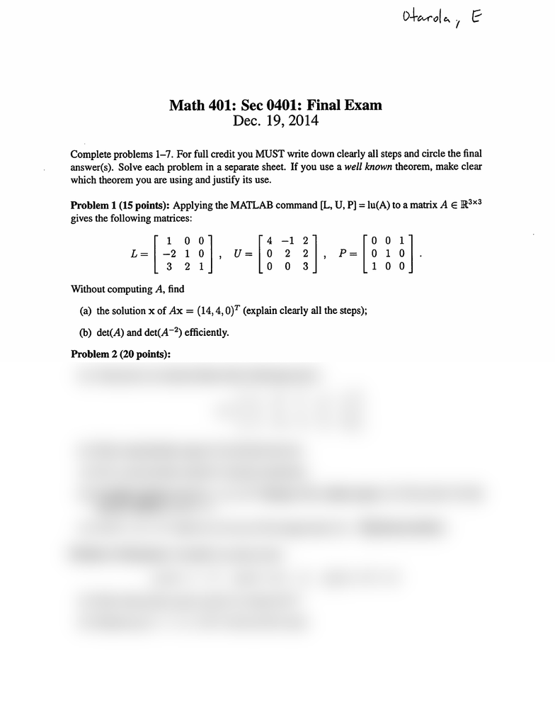 MATH 401 Study Guide - Spring 2019, Final - Linear Algebra, Row And ...