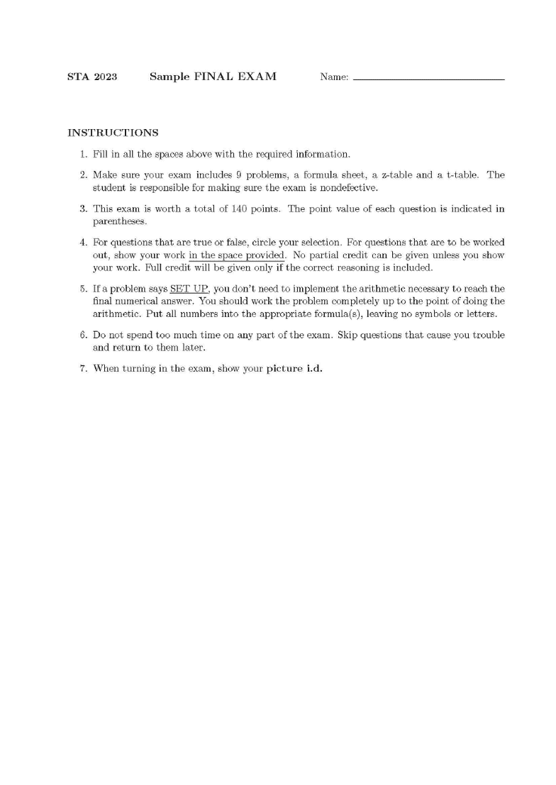 STA 2023 Final STA2023 Final Exam Sample OneClass