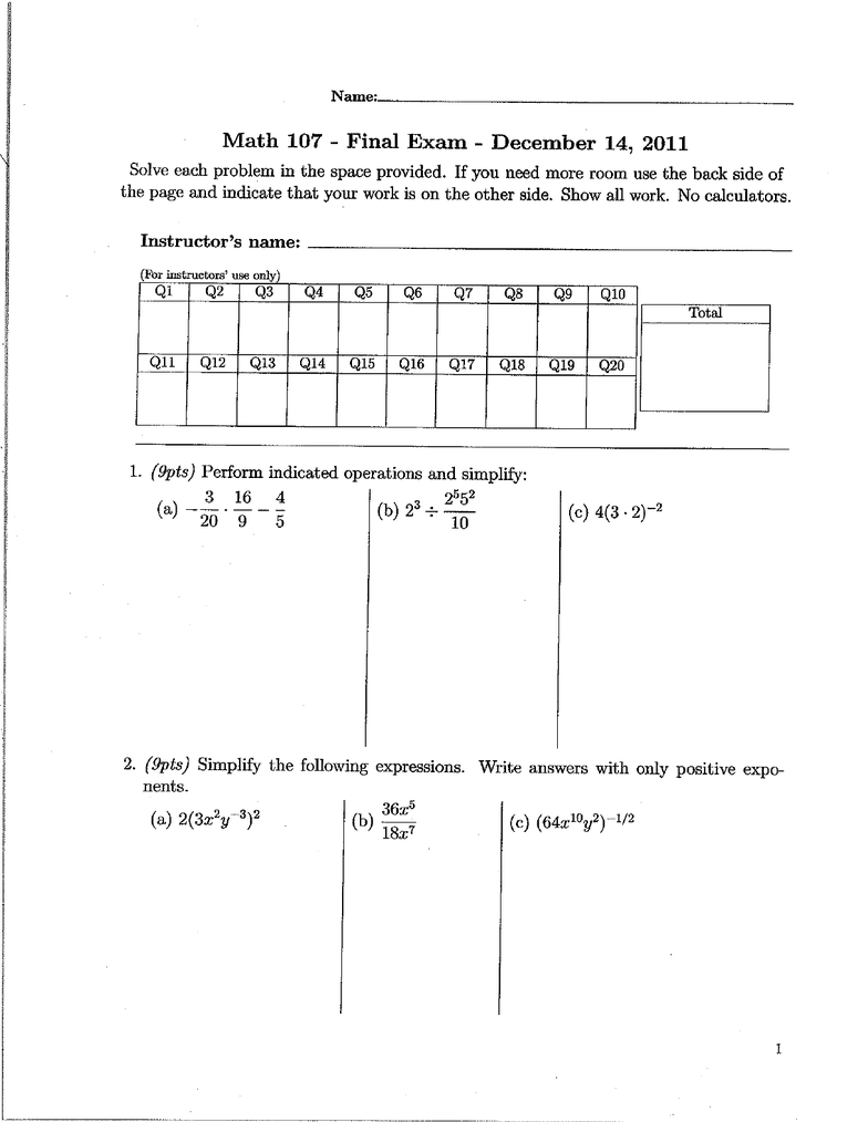 MATH 107 NJIT 107 FinalExamF11 OneClass