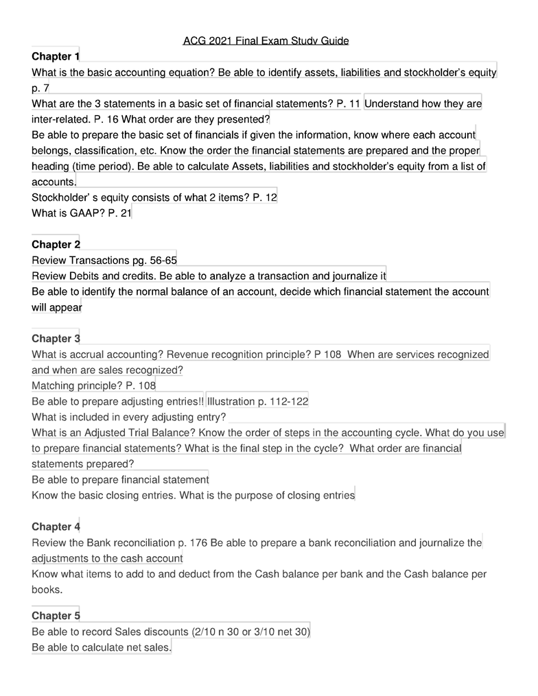 ACG-2021 Study Guide - Summer 2012, Final - Bank Reconciliation, Matching Principle, Accounting Equation
